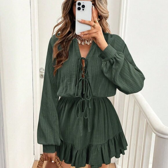 Pants - Green Casual Women's Long Sleeve Jumpsuit
